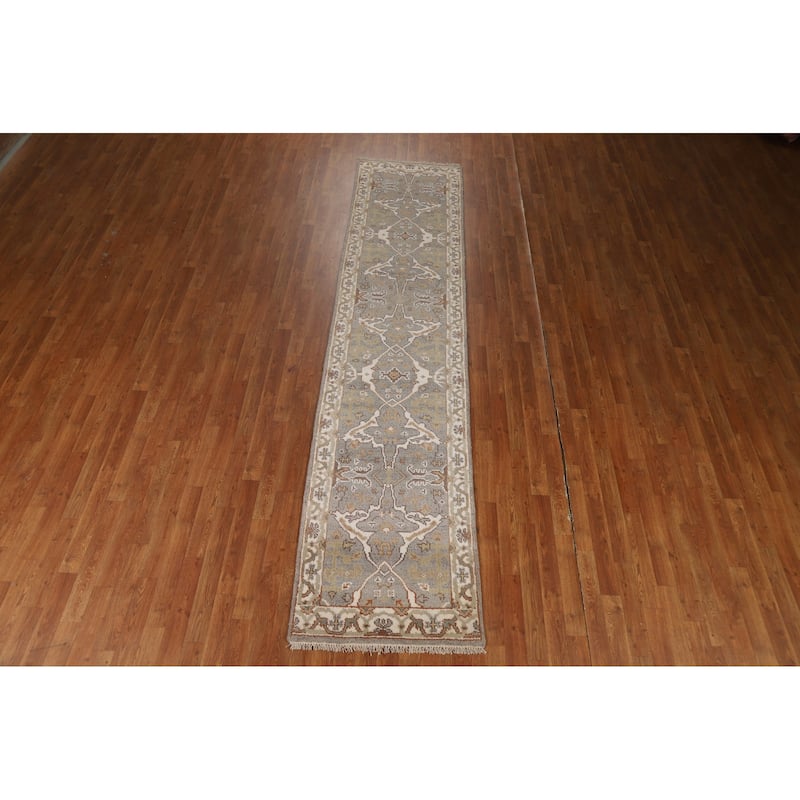 Gray Oushak Indian Runner Rug Hand-Knotted Floral Wool Carpet - 2'6"x 11'8"