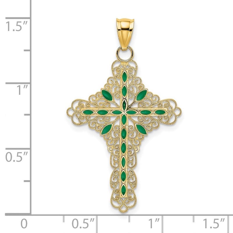 Curata 14k Yellow Gold 18" Green Enamel Filigree Cross Pendant Necklace 24x32mm