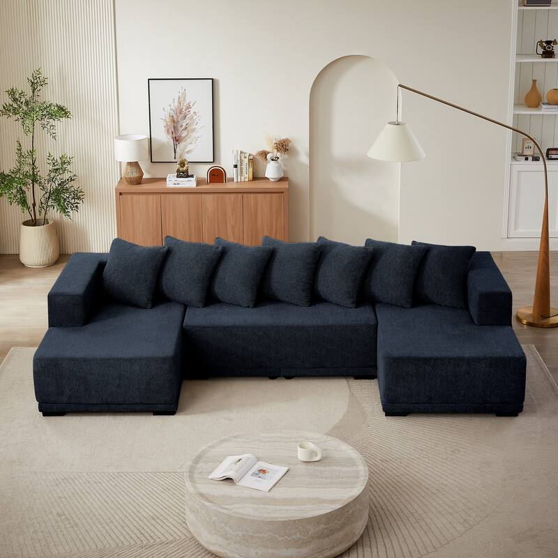 Blue Chenille U-Shaped Sofa Set, Modular Cloud Couch, 128x61x35 inches, 227 lbs