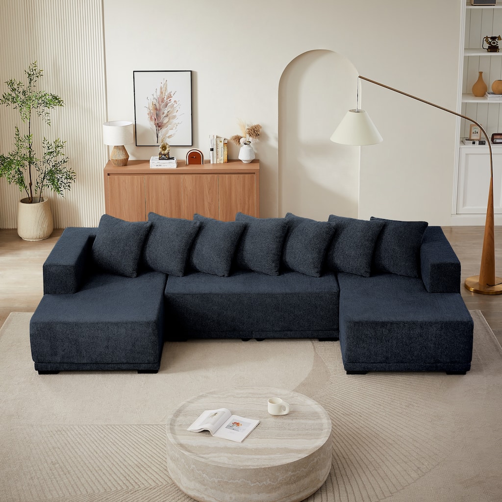Blue Chenille U-Shaped Sofa Set, Modular Cloud Couch, 128x61x35 inches, 227 lbs