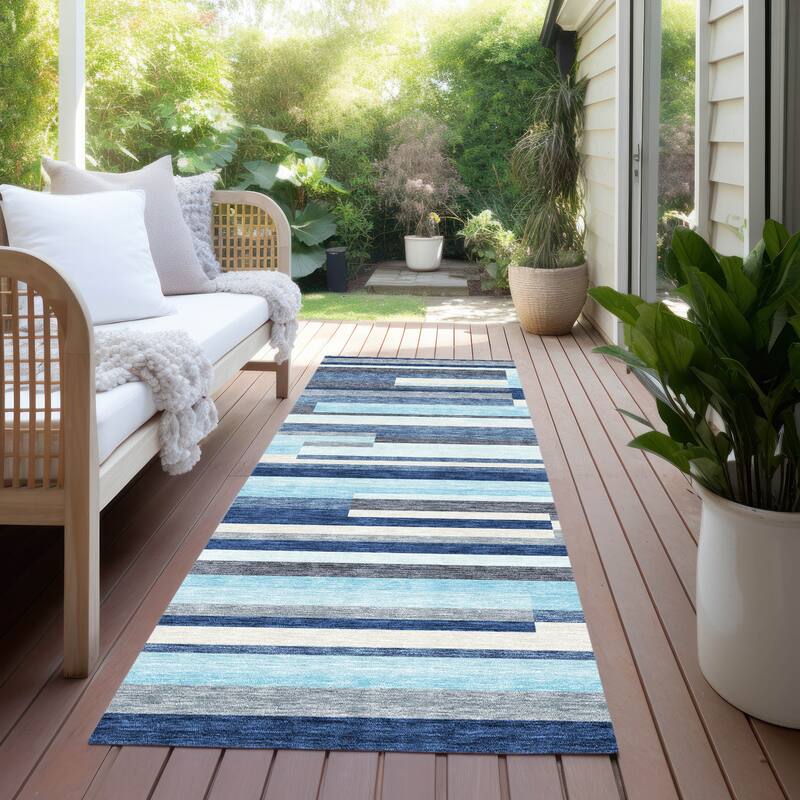 Machine Washable Indoor/ Outdoor Modern Stripes Chantille Rug - Blue - 2'3" x 7'6"