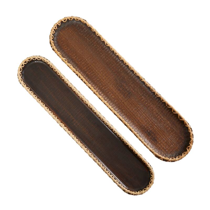 Wood Handmade Nesting Tray with Hand Sewn Seagrass Accents - Set of 2 Dark Brown - Roche River Decor - 7"W x 28"L x 2"H