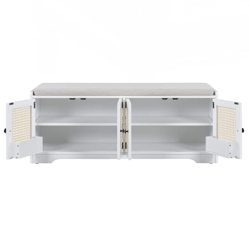 Rustic Storage Bench Multifunctional Wood Entryway Shoe Bench with Removable Cushion, Woven Rattan Doors & Adjustable Shelves