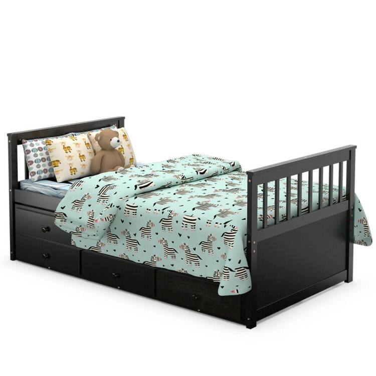 Pine Wood Twin Captain Bed with Trundle and 3 Storage Drawers