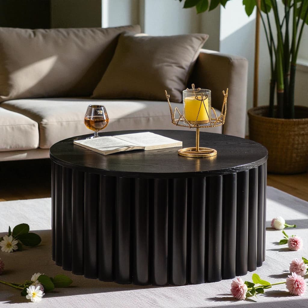 27.6'' Round Wooden Lift-Top Coffee Table with Hidden Storage, Handcrafted Relief Pedestal Tea Table for Living Room