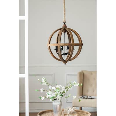 4 - Light Wood Chandelier, Hanging Light Fixture with Adjustable Chain for Kitchen Dining Room Foyer Entryway,Bulb Not Included
