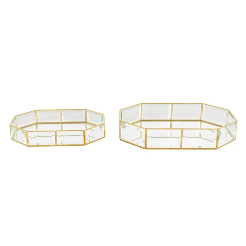Glass Beveled Wide Octagon Jewelry Box with Gold Metal Frame - Set of 2 Clear - Roche River Decor - 10"W x 14"L x 3"H