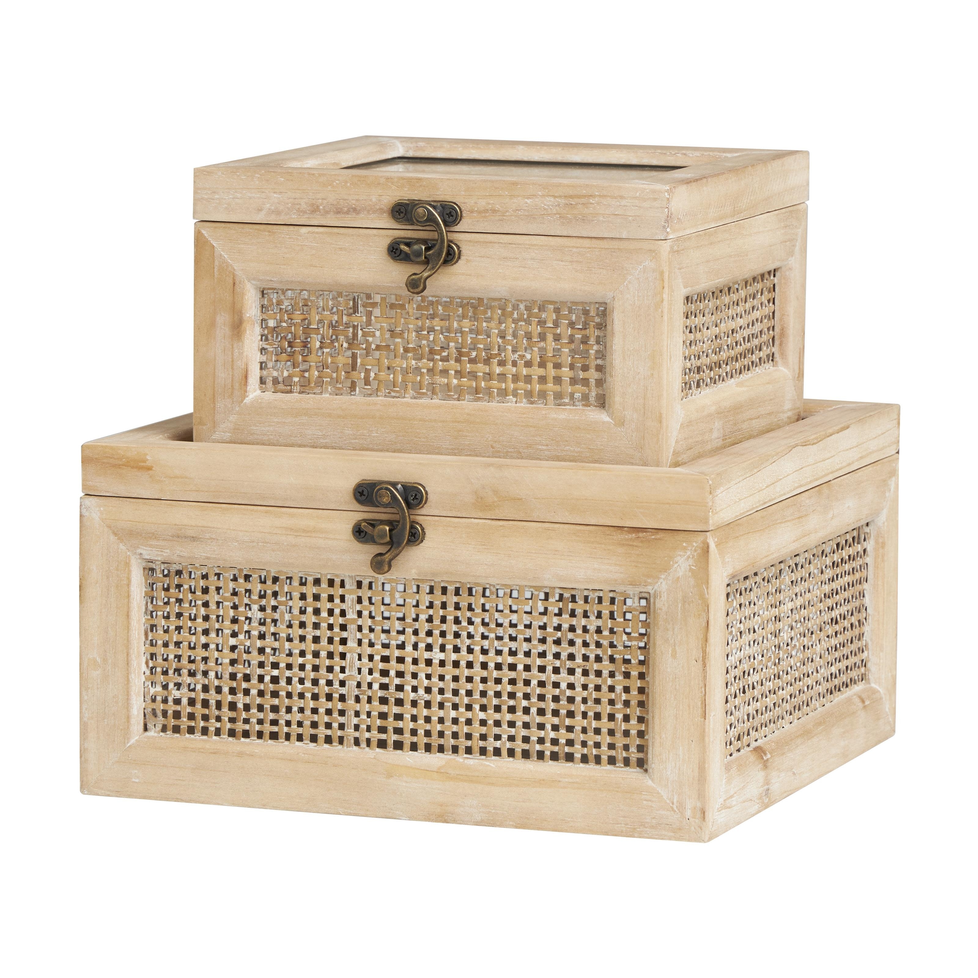 Roche River Decor - Wood Box with Rattan Panels and Glass Tops - Set of 2 Light Brown