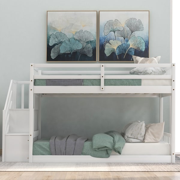 slide 2 of 12, Twin over Twin Bunk Kids Bed with Ladder Storage, Guardrails and Staircase, White White