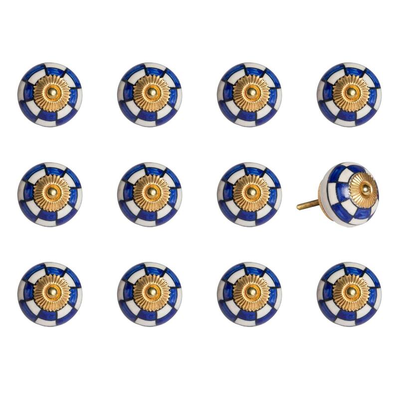 12-Pack Ceramic Drawer Pull Knobs Round Blue White Gold Geometric Cabinet Handles for Decor - 1.5” x 1.5” x 1.5”