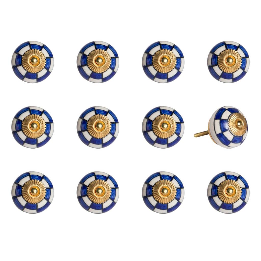 12-Pack Ceramic Drawer Pull Knobs Round Blue White Gold Geometric Cabinet Handles for Decor - 1.5” x 1.5” x 1.5”