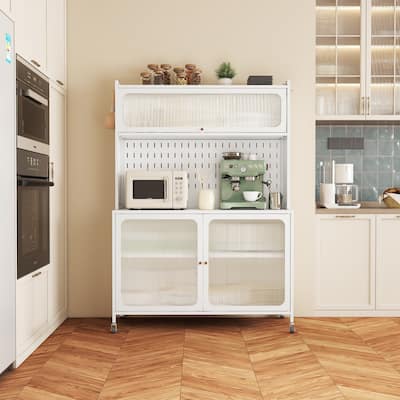 Tall Kitchen Pantry Storage Cabinet with Glass Doors & Adjustable Shelves