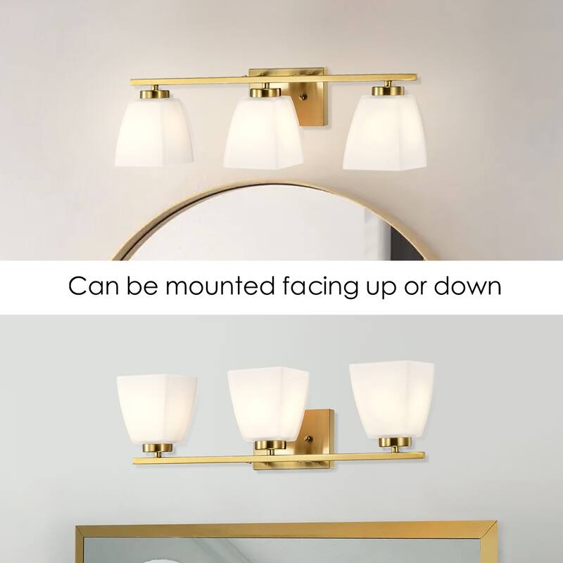 Brushed Nickel/Matte Black/Gold Modern 3-Light Vanity Light with Square Etched White Glass Shades