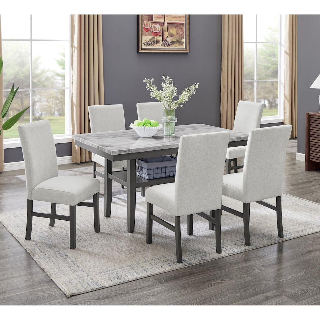 Selena 7-Piece 60" Rectangular Gray Faux Marble Top Dining Set with 6 Upholstered Chairs and Storage Shelf in Gray Finish