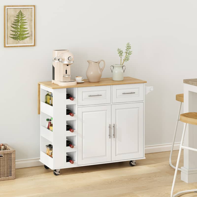 Rolling Kitchen Island on Wheels, Drop Leaf Kitchen Cart with Seating, Breakfast Bar Set with 2 Bar Stools and Wine Storage - White 1pc