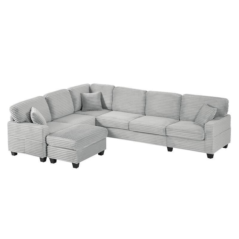 125.2" Corduroy U-Shaped Sectional Sofa with Movable Ottoman and Side Storage Pockets