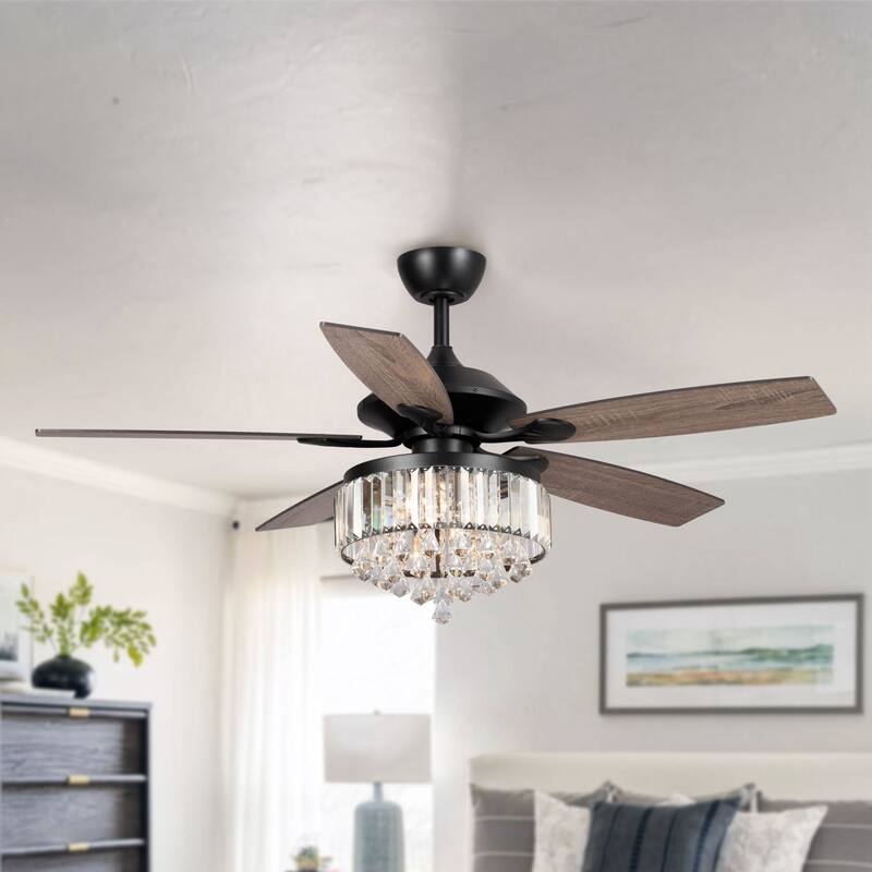 Modern 52-inch Wood 5-Blade Crystal LED Ceiling Fan with Remote - 52-in