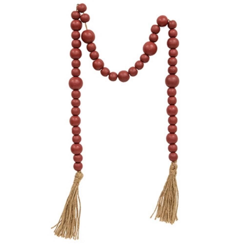 Burgundy Beaded Garland with Tassels 48 Inch Rustic Wood Beads Farmhouse Home Decor