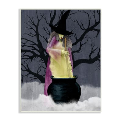 Stupell Industries Witch Stirring Smokey Cauldron Spooky Halloween Night Wood Wall Art - Black