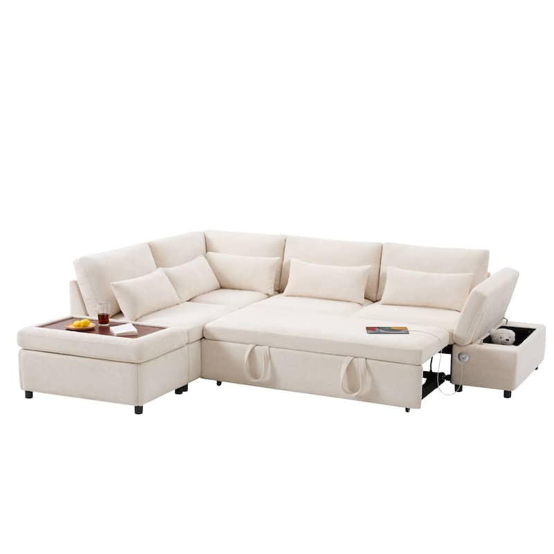 Premium Modular Sectional Pull-Out Sofa Bed with Adjustable Armrests, Movable Storage Ottoman, USB & Type-C Ports
