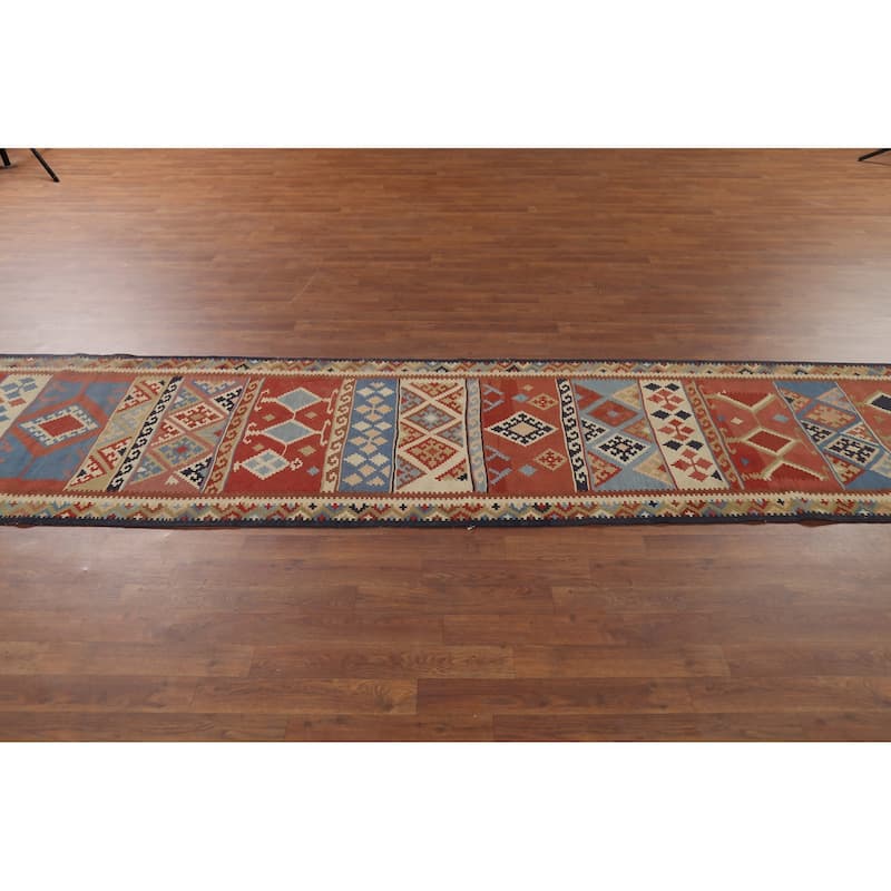 Vegetable Dye Kilim Qashqai Persian Antique Runner Wool Carpet - 2'9"x 13'1"