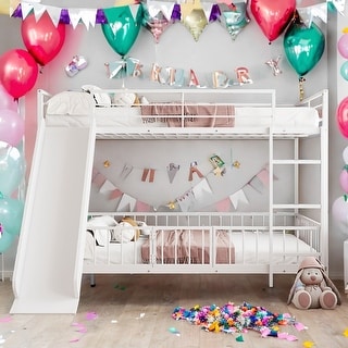 Full over Full Size Metal Bunk Bed with Slide and Guardrails,,Industrial Minimalist Metal Bed聽