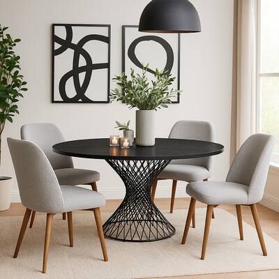54 Inch Round Wooden Dining Table with Intricate Metal Base, Black