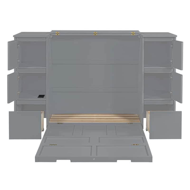 Modern Style Murphy Bed with Drawers, Cabinets and USB Ports for Bedroom
