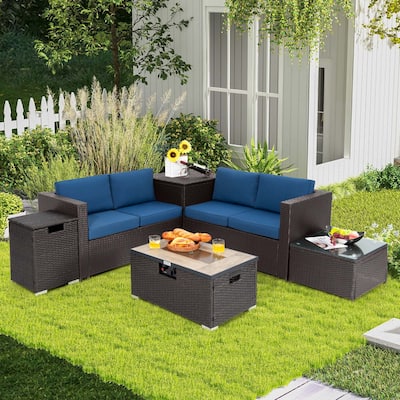 6PCS Patio Rattan Furniture Set 32'' Fire Pit Table Tank Holder Cover