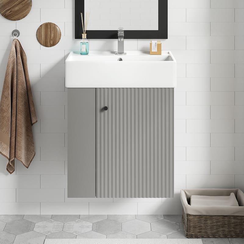 21.6" Floating Bathroom Vanity with Ceramic Sink - Left-Side Storage, Space-Saving for Small Bathrooms