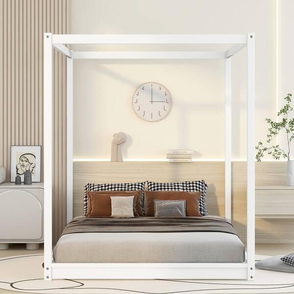 slide 2 of 6, Queen Size Modern Floor Wood Canopy Bed Low Profile Platform Bed for Small Bedroom City Aprtment Dorm White