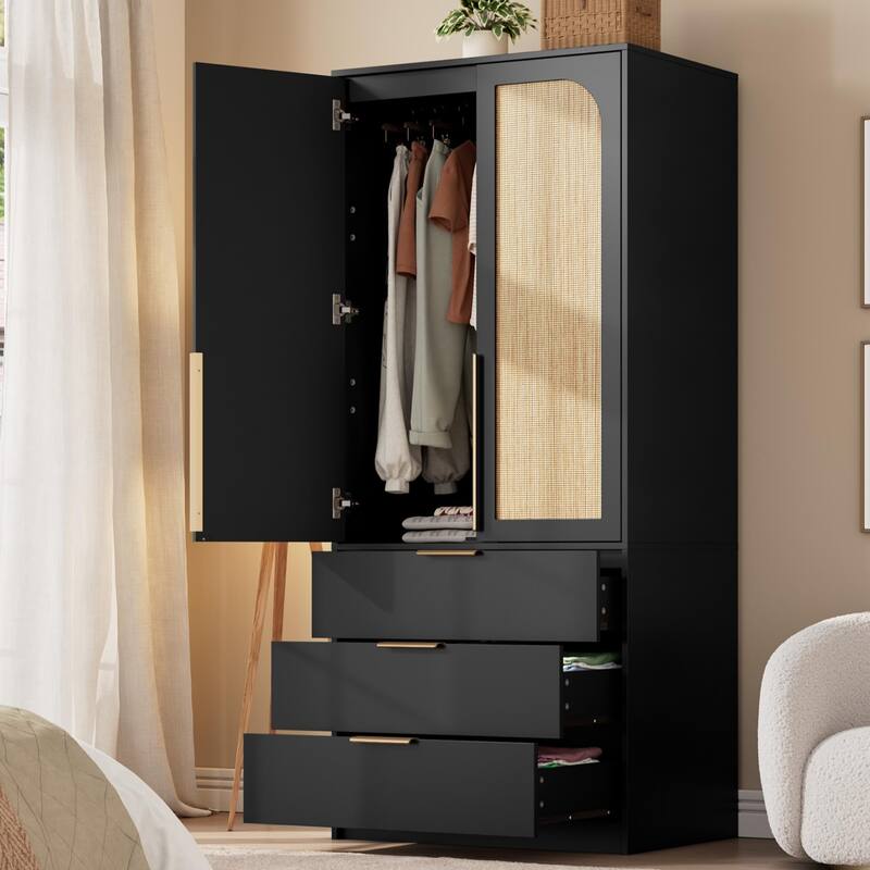 69.5" Armoire Wardrobe Closet with Rattan Doors, 3 Drawers & Hanging Rod, Wooden Storage Cabinet for Bedroom