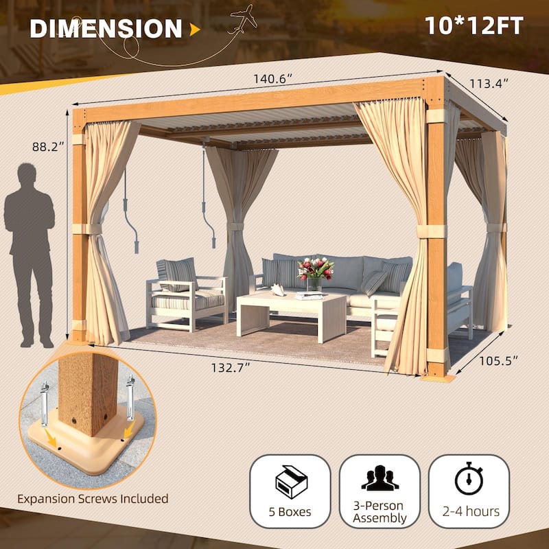 EROMMY Outdoor Louvered Pergola Gazebo with Adjustable Aluminum Rainproof Roof and Pull-Down Screen