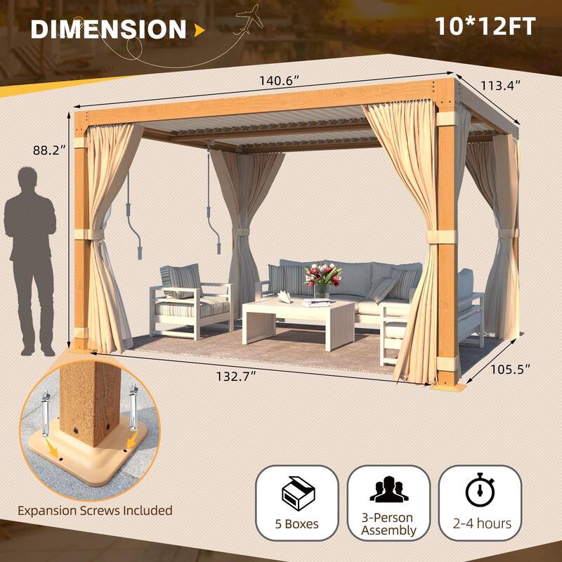 EROMMY Outdoor Louvered Pergola Gazebo with Adjustable Aluminum Rainproof Roof