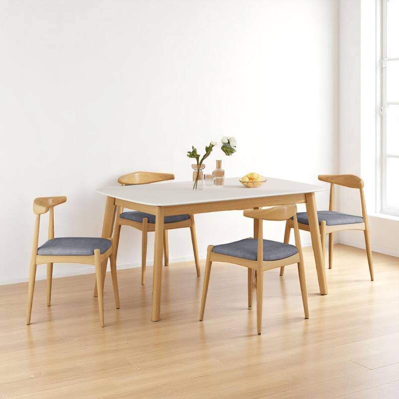 Retro 5-Piece Dining Table Set with White Oak-Look Top and Upholstered Chairs, Mid-Century Modern Style - White Gray