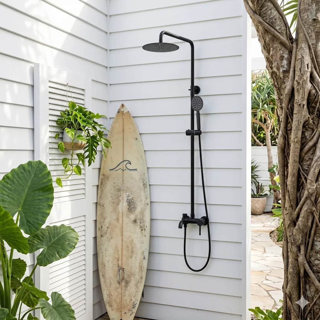 53"H 3-Function 304 Stainless Steel Wall-Mounted Outdoor Shower with Footwash