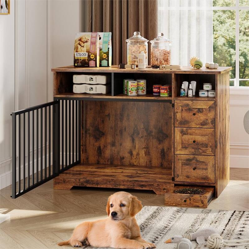 Retro Brown 48 Inch Dog Crate Furniture, Indoor Dog Kennel with Hidden Bowl