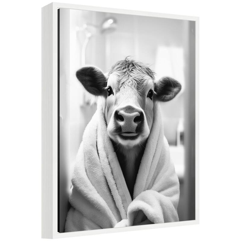 Kate and Laurel Sylvie Cow Bathroom Art Towel Robe Black and White Framed Canvas by The Creative Bunch Studio - 18x24 - White