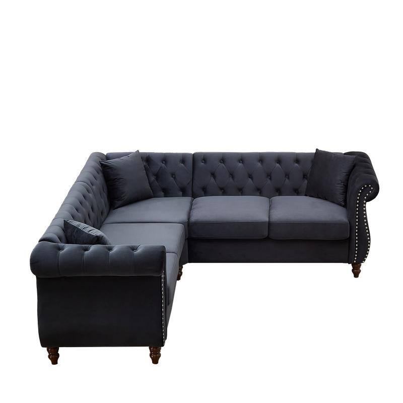 83.5 Inch Velvet Upholstered L-Shaped Sofa Sectional Couch with 3 Pillows