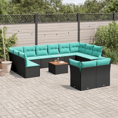 vidaXL 13 Piece Patio Sofa Set with Cushions Black Poly Rattan - 24.4 x 24.4 x 27.2