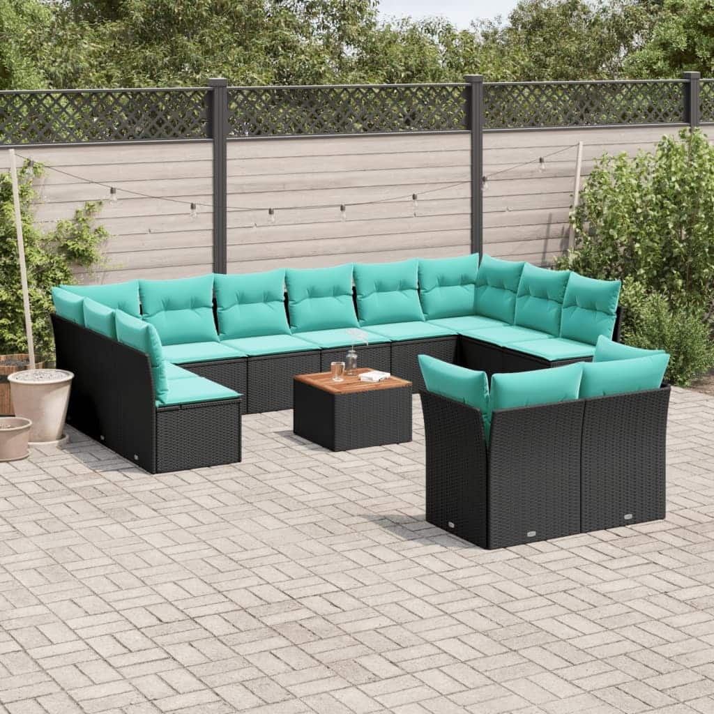 vidaXL 13 Piece Patio Sofa Set with Cushions Black Poly Rattan - 24.4 x 24.4 x 27.2