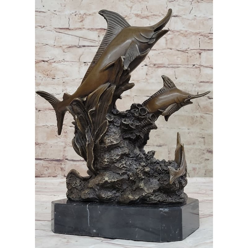 Original Bronze Statue Sculpture Of Marlin Sailfish Swordfish Jumping Out Of Ocean On Marble Base