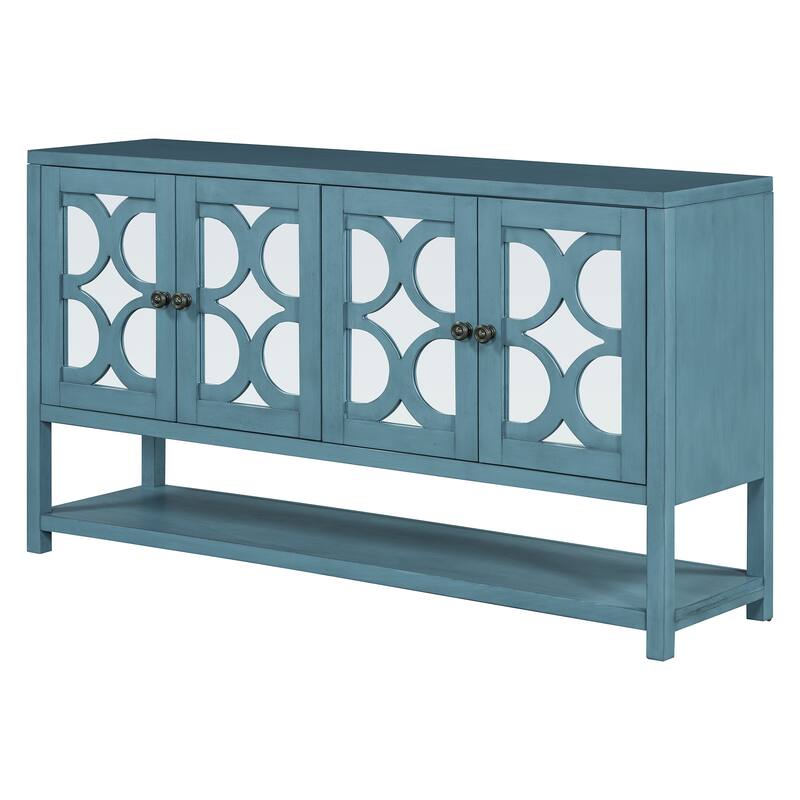 Mirrored Doors Sideboard Navy Console Table with Open Storage