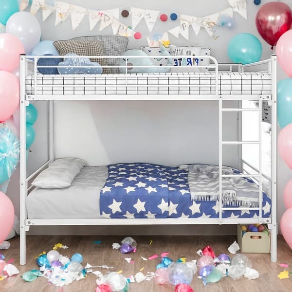 slide 2 of 7, Twin Over Twin Bunk Bed Platform Metal Bed,Ladder,10'' Under Storage Space White