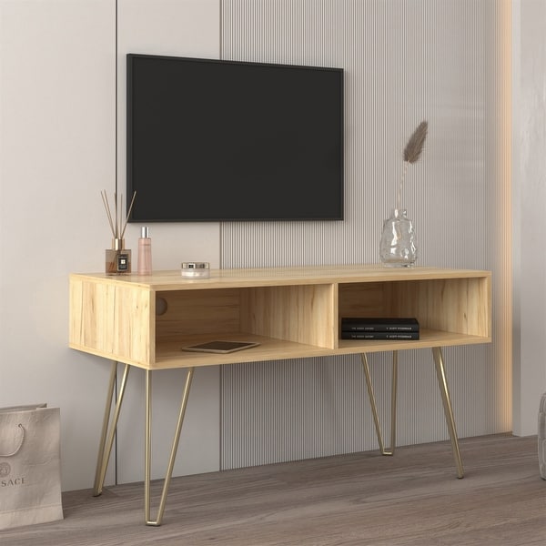 Modern TV stand with 2 Open Shelves and Metal Legs