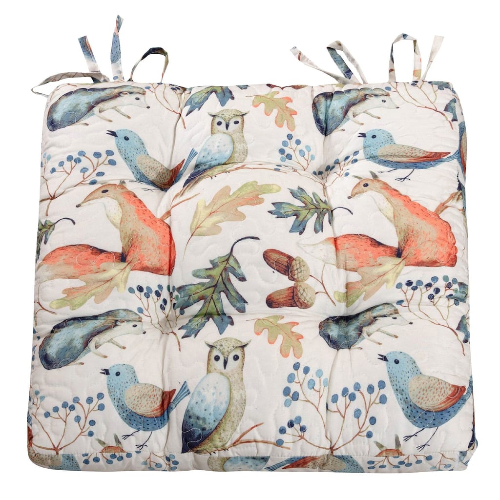 18 x 18 Microfiber Chair Pad Cushions, Owls, Autumn Leaves, Set of 4, White