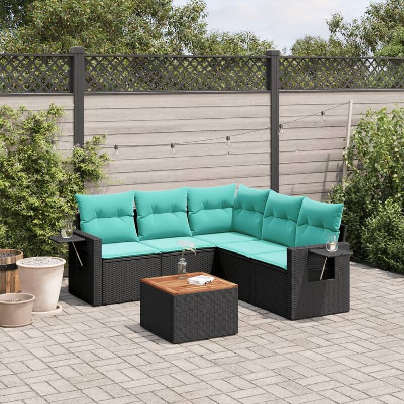 vidaXL 6 Piece Patio Sofa Set with Cushions Black Poly Rattan - 24.4x24.4x27.2-Table + 2x middle + corner