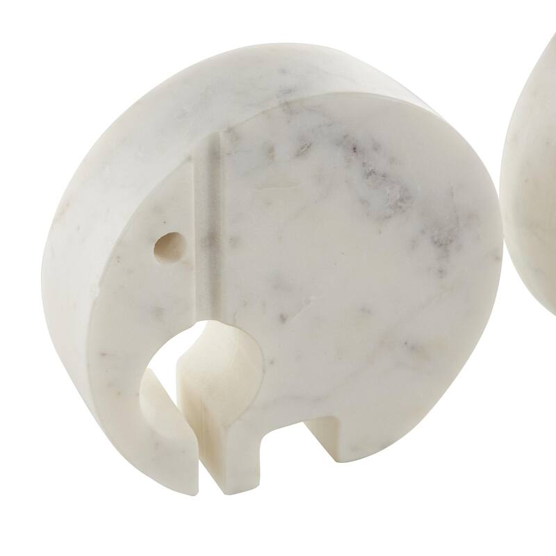 White Marble Circular Abstract Elephant Decorative Sculpture with Gray Marble Veins and Cutouts (Set of 2)