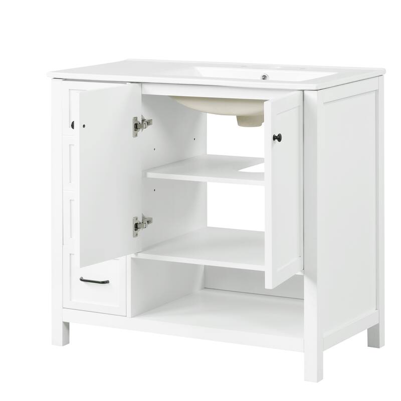 Roomfitters 36" Bathroom Vanity with Sink, Right-Side Basin, Solid Wood Frame, 2 Doors, 2 Drawers & Open Shelf