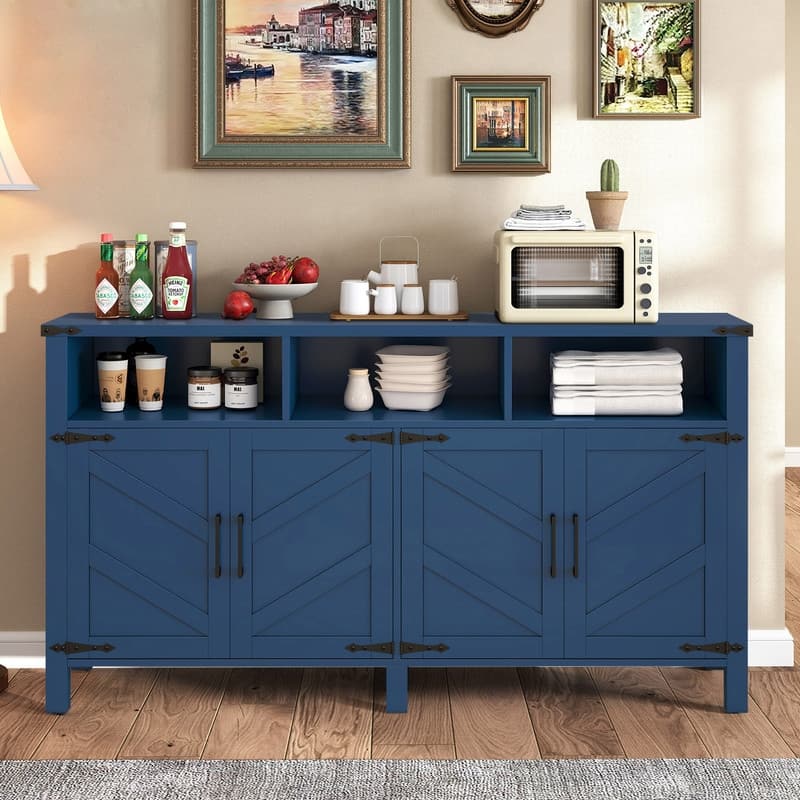 Modern 4-Door Sideboard Buffet with Power Outlets Adjustable Shelves and Half-Open Storage Design - Navy Blue